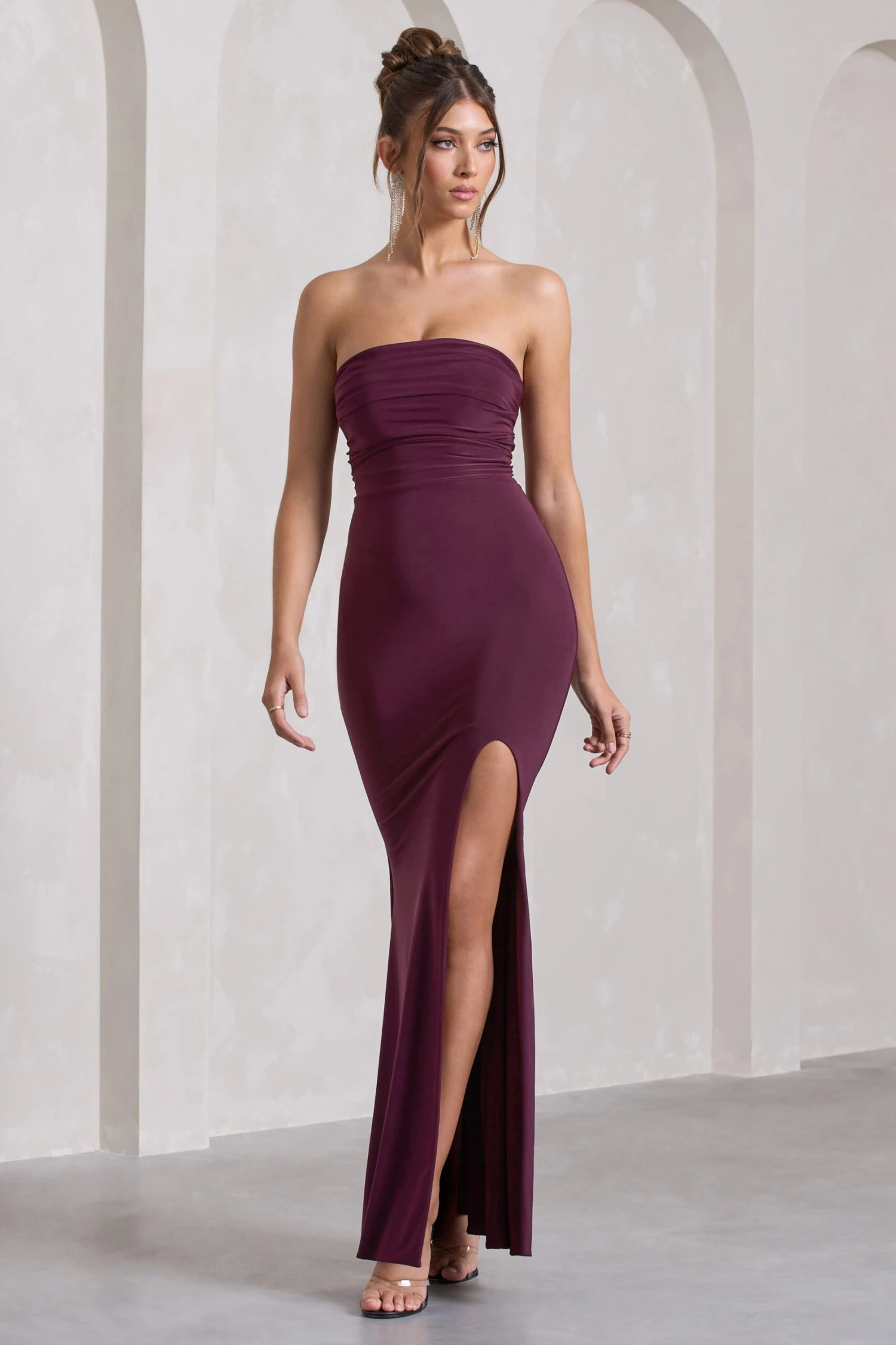 Midnight Calling | Plum Bandeau Split Lace-Up Maxi Dress 6 Midnight Calling | Plum Bandeau Split Lace-Up Maxi Dress - Image 4