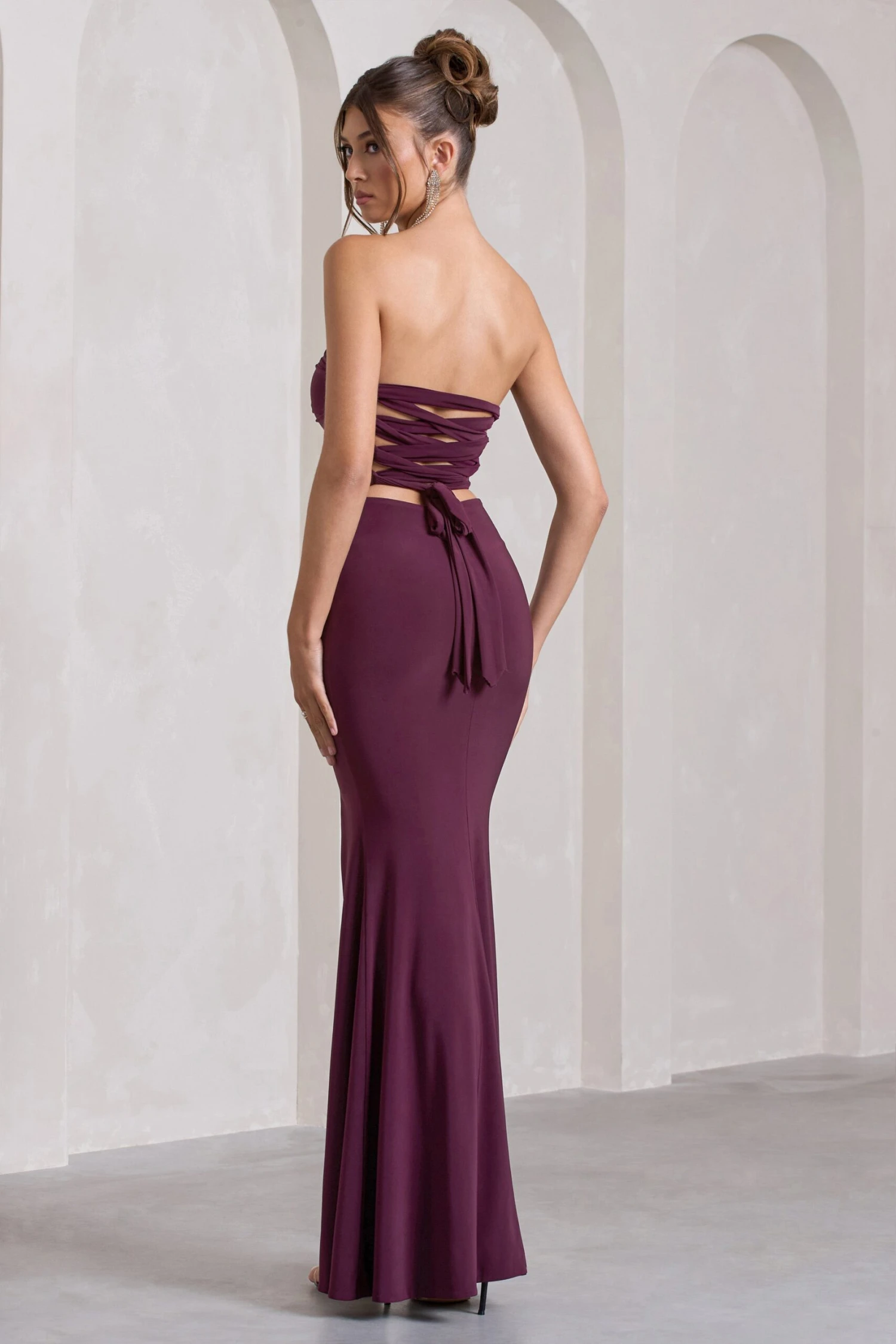 Midnight Calling | Plum Bandeau Split Lace-Up Maxi Dress 4 Midnight Calling | Plum Bandeau Split Lace-Up Maxi Dress - Image 2