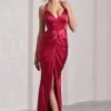 Rebecca | Red Satin Plunge Halter-Neck Open-Back Split Maxi Dress 1 Rebecca | Red Satin Plunge Halter-Neck Open-Back Split Maxi Dress -Sangyong Store WB CC HR CL133050004 Rebecca RedSatinPlungeHalter NeckOpen BackSplitMaxiDressRED0