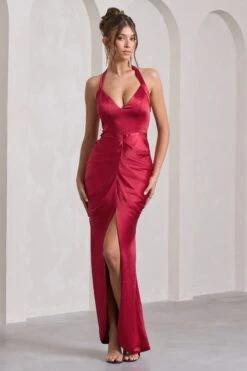 Rebecca | Red Satin Plunge Halter-Neck Open-Back Split Maxi Dress -Sangyong Store WB CC HR CL133050004 Rebecca RedSatinPlungeHalter NeckOpen BackSplitMaxiDressRED4