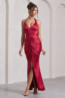 Rebecca | Red Satin Plunge Halter-Neck Open-Back Split Maxi Dress -Sangyong Store WB CC HR CL133050004 Rebecca RedSatinPlungeHalter NeckOpen BackSplitMaxiDressRED5