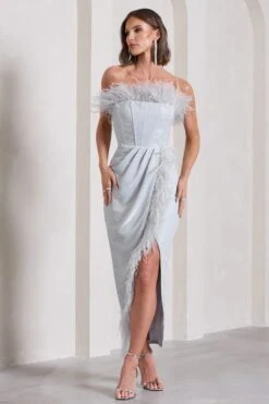 Crystal | Silver Metallic Bandeau Corset Maxi Dress With Feather Trims -Sangyong Store WB CC HR CL133116013 CrystalSilverMetallicBandeauCorsetMaxiDressWithFeatherTrims3