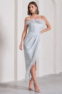 Crystal | Silver Metallic Bandeau Corset Maxi Dress With Feather Trims -Sangyong Store WB CC HR CL133116013 CrystalSilverMetallicBandeauCorsetMaxiDressWithFeatherTrims7