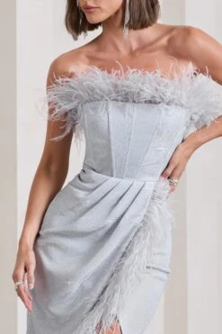 Crystal | Silver Metallic Bandeau Corset Maxi Dress With Feather Trims -Sangyong Store WB CC HR CL133116013 CrystalSilverMetallicBandeauCorsetMaxiDressWithFeatherTrims9