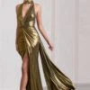 Lost | Gold Metallic Halter-Neck Cut-Out Split Maxi Dress With Drape -Sangyong Store WB CC HR CL133124007 LostGoldMetallicHalter NeckCut OutSplitMaxiDressWithDrapeGOLD0