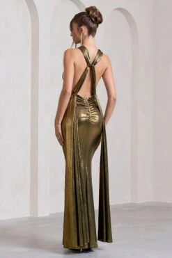 Lost | Gold Metallic Halter-Neck Cut-Out Split Maxi Dress With Drape -Sangyong Store WB CC HR CL133124007 LostGoldMetallicHalter NeckCut OutSplitMaxiDressWithDrapeGOLD12