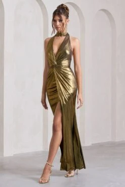 Lost | Gold Metallic Halter-Neck Cut-Out Split Maxi Dress With Drape -Sangyong Store WB CC HR CL133124007 LostGoldMetallicHalter NeckCut OutSplitMaxiDressWithDrapeGOLD7