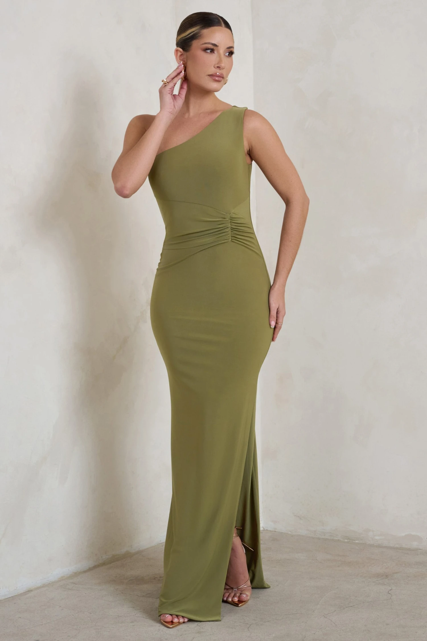 Kary | Olive Green One Shoulder Thigh Split Maxi Dress 3 Kary | Olive Green One Shoulder Thigh Split Maxi Dress