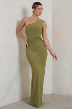 Kary | Olive Green One Shoulder Thigh Split Maxi Dress 10 Kary | Olive Green One Shoulder Thigh Split Maxi Dress -Sangyong Store WB CL123999 KaryOliveGreenOneShoulderThighSplitMaxiDress1
