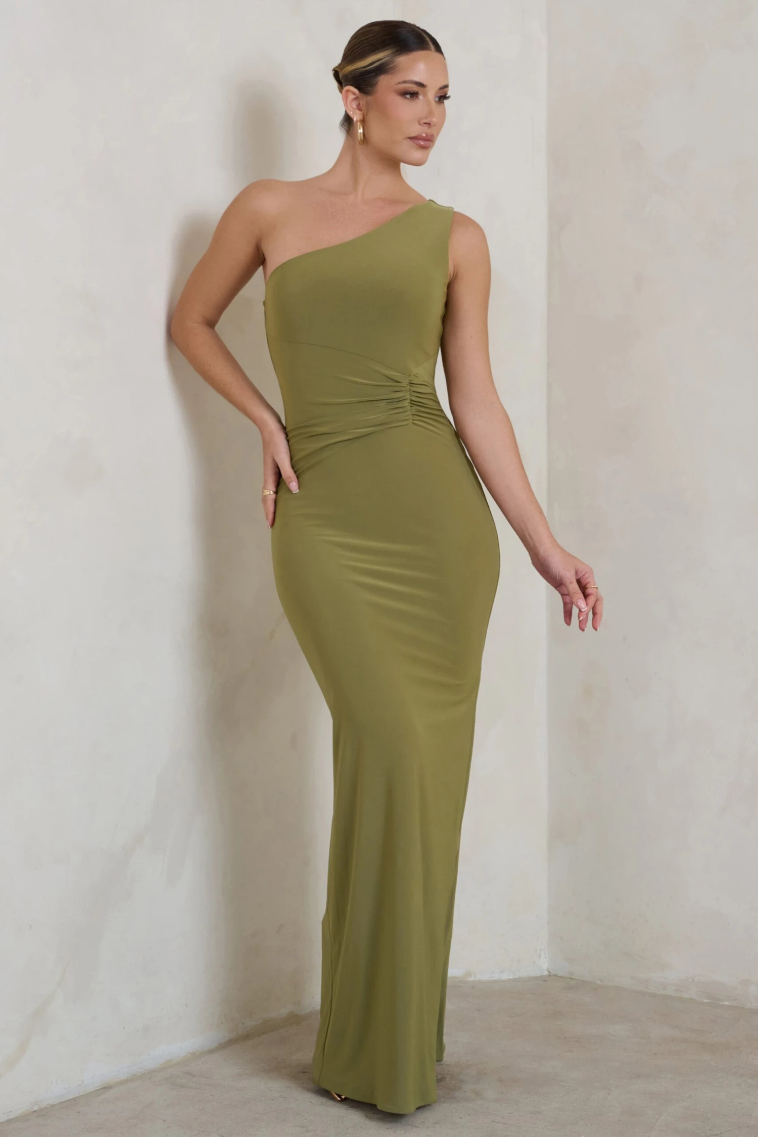 Kary | Olive Green One Shoulder Thigh Split Maxi Dress 6 Kary | Olive Green One Shoulder Thigh Split Maxi Dress - Image 4