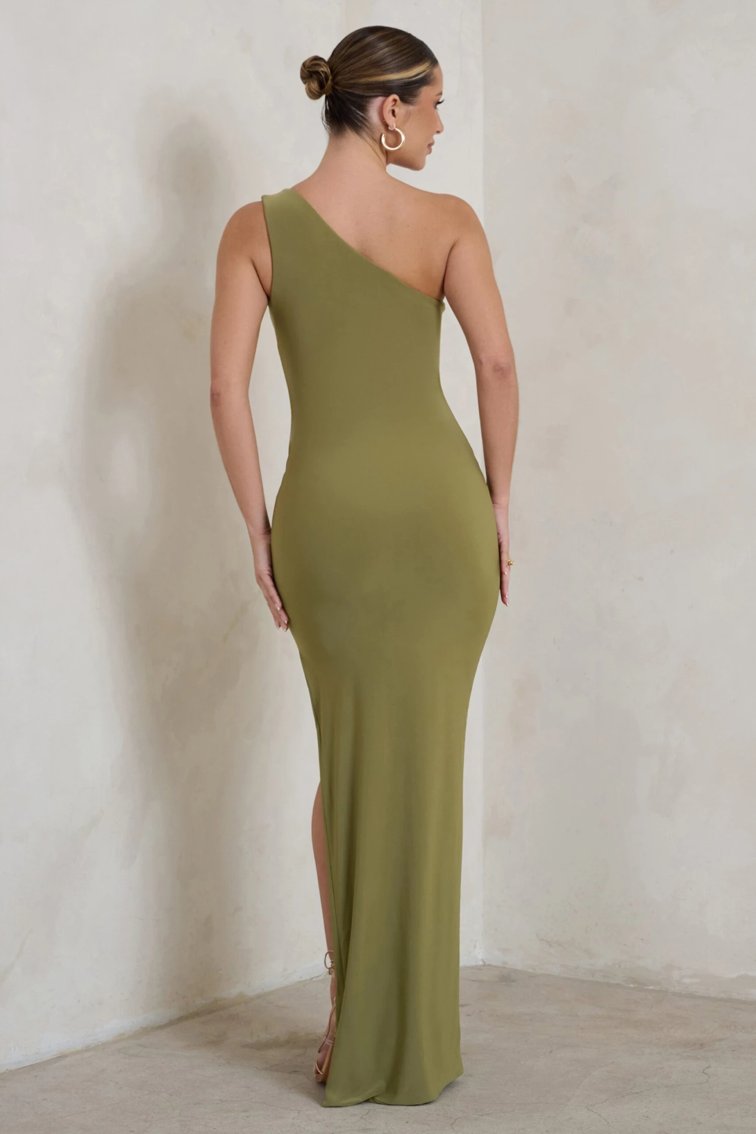 Kary | Olive Green One Shoulder Thigh Split Maxi Dress 4 Kary | Olive Green One Shoulder Thigh Split Maxi Dress - Image 2