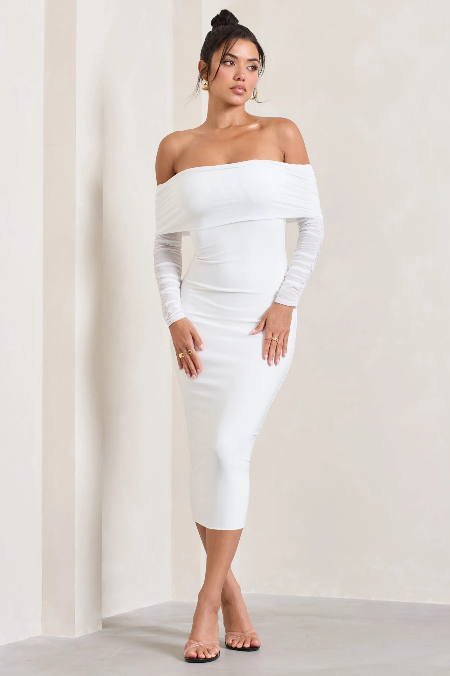 Only You | Ivory Ruched Mesh Bardot Midi Dress 3 Only You | Ivory Ruched Mesh Bardot Midi Dress