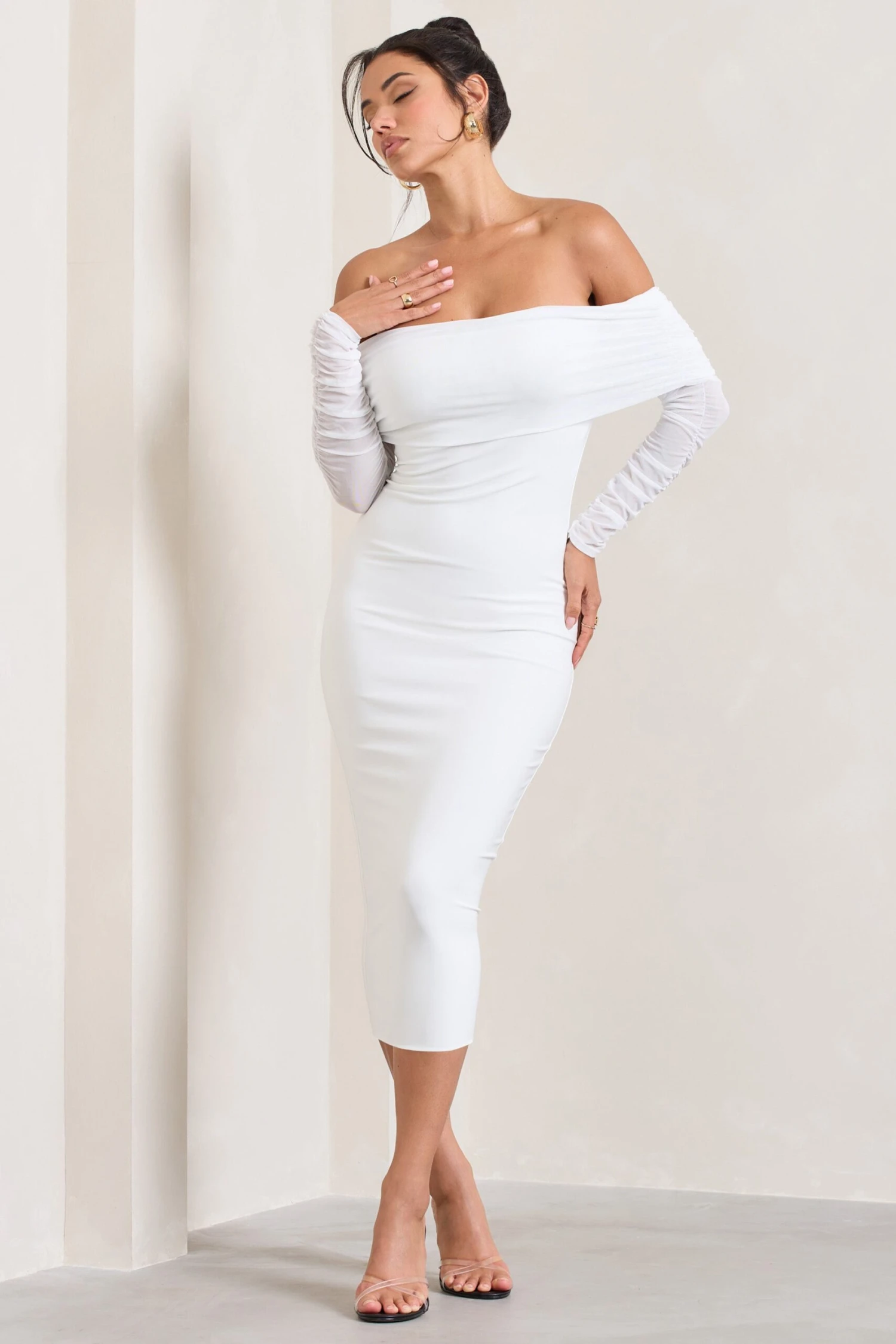 Only You | Ivory Ruched Mesh Bardot Midi Dress 6 Only You | Ivory Ruched Mesh Bardot Midi Dress - Image 4