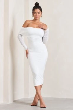 Only You | Ivory Ruched Mesh Bardot Midi Dress 11 Only You | Ivory Ruched Mesh Bardot Midi Dress -Sangyong Store WB CL124595005 OnlyYouIvoryRuchedMeshBardotMidiDress5