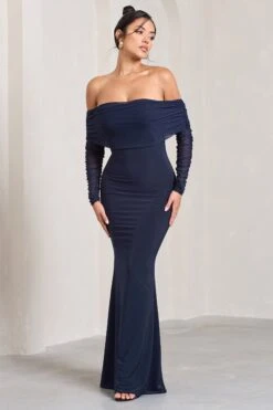 Madeleine | Navy Fishtail Maxi Dress With Bardot Mesh Long Sleeves -Sangyong Store WB CL124634015 MadeleineNavyFishtailMaxiDressWithBardotMeshLongSleeves0