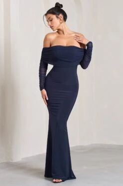 Madeleine | Navy Fishtail Maxi Dress With Bardot Mesh Long Sleeves -Sangyong Store WB CL124634015 MadeleineNavyFishtailMaxiDressWithBardotMeshLongSleeves1
