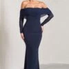 Madeleine | Navy Fishtail Maxi Dress With Bardot Mesh Long Sleeves -Sangyong Store WB CL124634015 MadeleineNavyFishtailMaxiDressWithBardotMeshLongSleeves2