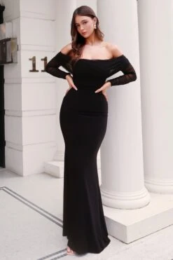 Madeleine | Black Fishtail Maxi Dress With Bardot Mesh Long Sleeves -Sangyong Store WB CL12463401506 Infulencer