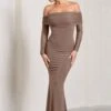 Madeleine | Mocha Fishtail Maxi Dress With Bardot Mesh Long Sleeves -Sangyong Store WB CL124634038 MadeleineMochaFishtailMaxiDressWithBardotMeshLongSleeves0