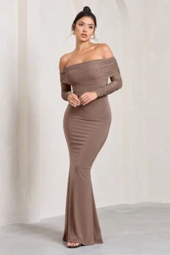 Madeleine | Mocha Fishtail Maxi Dress With Bardot Mesh Long Sleeves -Sangyong Store WB CL124634038 MadeleineMochaFishtailMaxiDressWithBardotMeshLongSleeves1