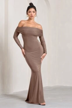 Madeleine | Mocha Fishtail Maxi Dress With Bardot Mesh Long Sleeves -Sangyong Store WB CL124634038 MadeleineMochaFishtailMaxiDressWithBardotMeshLongSleeves3