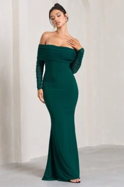 Madeleine | Bottle Green Fishtail Maxi Dress With Bardot Mesh Long Sleeves -Sangyong Store WB CL124634047 MadeleineBottleGreenFishtailMaxiDressWithBardotMeshLongSleeves0