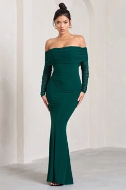 Madeleine | Bottle Green Fishtail Maxi Dress With Bardot Mesh Long Sleeves -Sangyong Store WB CL124634047 MadeleineBottleGreenFishtailMaxiDressWithBardotMeshLongSleeves2