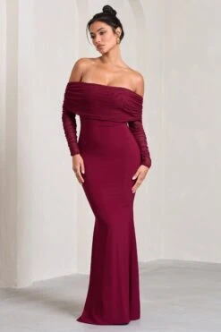 Madeleine | Berry Fishtail Maxi Dress With Bardot Mesh Long Sleeves -Sangyong Store WB CL124634158 MadeleineBerryFishtailMaxiDressWithBardotMeshLongSleeves0