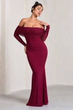 Madeleine | Berry Fishtail Maxi Dress With Bardot Mesh Long Sleeves -Sangyong Store WB CL124634158 MadeleineBerryFishtailMaxiDressWithBardotMeshLongSleeves1
