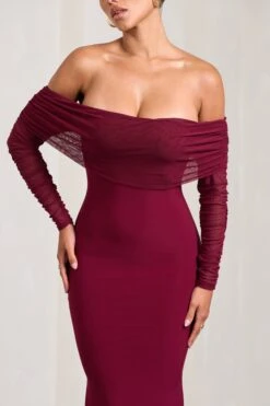 Madeleine | Berry Fishtail Maxi Dress With Bardot Mesh Long Sleeves -Sangyong Store WB CL124634158 MadeleineBerryFishtailMaxiDressWithBardotMeshLongSleeves4