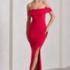 Law Of Attraction | Red Bardot Draped Split Maxi Dress -Sangyong Store WB CL124662004 LawofAttractionRedBardotDrapedSplitMaxiDress5