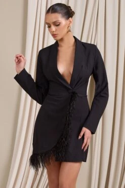 Prized Possession | Black Feather Wrap Blazer Mini Dress -Sangyong Store WB CL125268002 PrizedPossession BlackFeatherWrapBlazerMiniDress2