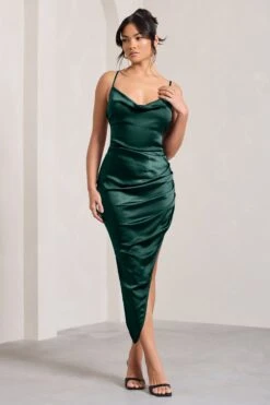 Risk It All | Bottle Green Cami Cowl Neck Asymmetric Hem Midi Dress -Sangyong Store WB CL126039047 RiskItAll BottleGreenSatinCamiCowlNeckAsymmetricHemDress2