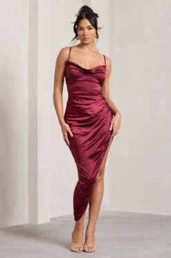 Risk It All | Burgundy Satin Cami Cowl Neck Asymmetric Hem Dress -Sangyong Store WB CL126039069 RiskItAllBurgundySatinCamiCowlNeckAsymmetricHemDress1