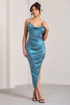 Risk It All | Blue Cami Cowl Neck Asymmetric Hem Midi Dress -Sangyong Store WB CL126039103 RiskItAll BlueSatinCamiCowlNeckAsymmetricHemDress2