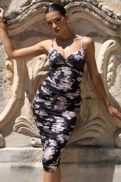 Desired | Black Floral Print Knot Detail Ruched Midi Dress -Sangyong Store WB CL126642155 DesiredBlackPinkFloralRuchedStrappyMidiDress4