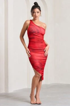 Late Night | Red Rose Print Asymmetric One Shoulder Ruched Midi Dress -Sangyong Store WB CL126680100 LateNightRedRosePrintAsymmetricOneShoulderRuchedMidiDress4