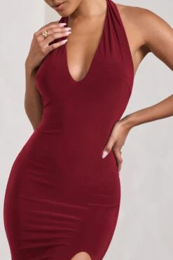 Glamour | Berry Backless V Plunge Halter Neck Maxi Dress With Side Split -Sangyong Store WB CL126723015 GlamourBerryBacklessVPlungeHalterNeckMaxiDressWithSideSplit3