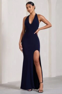 Glamour | Navy Backless V Plunge Halter Neck Maxi Dress With Side Split -Sangyong Store WB CL126723015 GlamourNavyBacklessVPlungeHalterNeckMaxiDressWithSideSplit0