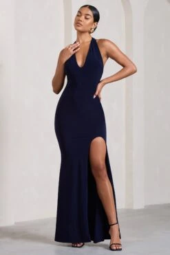 Glamour | Navy Backless V Plunge Halter Neck Maxi Dress With Side Split