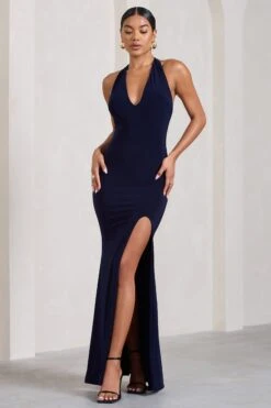 Glamour | Navy Backless V Plunge Halter Neck Maxi Dress With Side Split -Sangyong Store WB CL126723015 GlamourNavyBacklessVPlungeHalterNeckMaxiDressWithSideSplit3