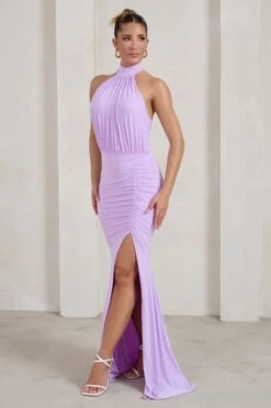 Forever Dreaming | Lilac Backless Halterneck Ruched Split Maxi Dress -Sangyong Store WB CL126728 ForeverDreamingLilacHalterneckRuchedSplitMaxiDress2
