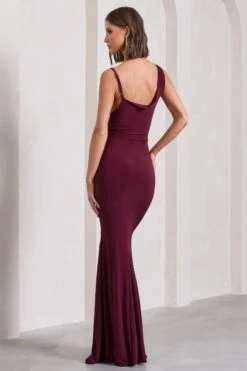 Phantasy | Burgundy Asymmetric Neckline Cowl Maxi Dress -Sangyong Store WB CL126730069 PhantasyBurgundyAsymmetricNecklineCowlMaxiDress7