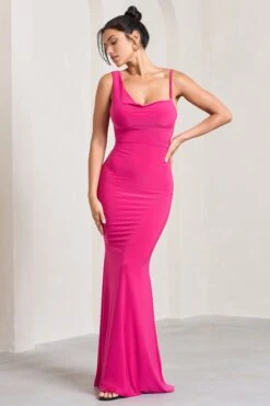 Phantasy | Hot Pink Asymmetric Neckline Cowl Maxi Dress -Sangyong Store WB CL126730084 PhantasyHotPinkAsymmetricNecklineCowlMaxiDress0