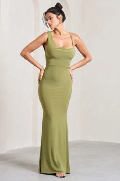 Phantasy | Olive Asymmetric Neckline Cowl Maxi Dress -Sangyong Store WB CL126730113 PhantasyOliveAsymmetricNecklineCowlMaxiDress2