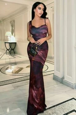 Phantasy | Plum Print Asymmetric Neckline Cowl Maxi Dress -Sangyong Store WB CL12673016208 Infulencer