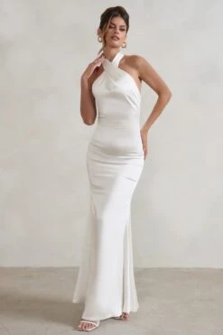 Unstoppable | White Satin Cross Over Halter Neck Maxi Dress -Sangyong Store WB CL126739 UnstoppableWhiteSatinCrossOverHalterNeckMaxiDress2