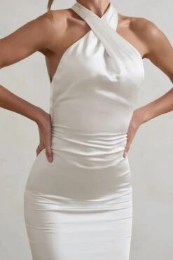 Unstoppable | White Satin Cross Over Halter Neck Maxi Dress -Sangyong Store WB CL126739 UnstoppableWhiteSatinCrossOverHalterNeckMaxiDress4