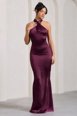 Unstoppable | Burgundy Satin Cross Over Halterneck Maxi Dress -Sangyong Store WB CL126739069 UnstoppableBurgundySatinCrossOverHalterneckMaxiDress2