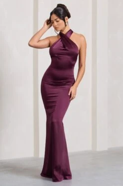 Unstoppable | Burgundy Satin Cross Over Halterneck Maxi Dress -Sangyong Store WB CL126739069 UnstoppableBurgundySatinCrossOverHalterneckMaxiDress3